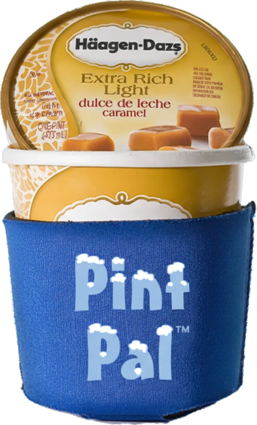 Pint Pal blue insulated cozy wrapped around a Häagen-Dazs ice cream pint