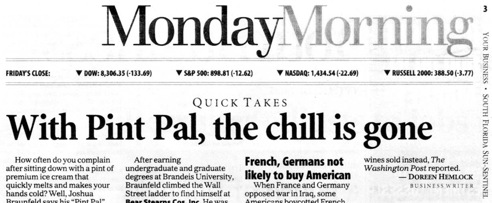 2003 Sun Sentinel article featuring Joshua Braunfeld and Pint Pal koozie launch in Florida